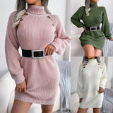 Winter Rollkragenpullover Langer Pullover Kleid mit Knopf Design Freizeit Clinch Langarm Base Pullover Damen