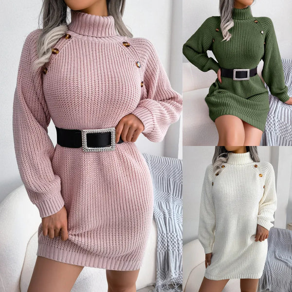 Winter turtleneck sweater long sweater dress with button design leisure clinch long sleeve base sweater women